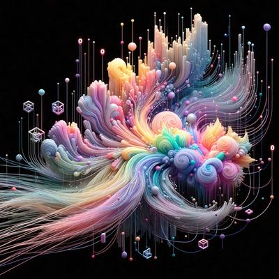 The primary subject of the image is a colorful, abstract design that resembles a swirling, flowing pattern. The setting is a dark background, which contrasts with the vibrant colors of the design. The visual style is a combination of digital art and illustration, creating a unique and eye-catching piece. The dominant colors are a mix of pink, blue, yellow, and green, giving the design a lively and energetic atmosphere.